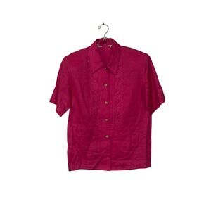 Vintage Magenta Pink 100% Linen Embroidered Short Sleeve Button Down Shirt Sz 6
